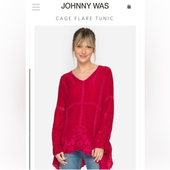 Johnny Was Tops - Johnny Was Crimson Blouse fuschia embroidery with Eyelet Trim Long Sleeve Medium